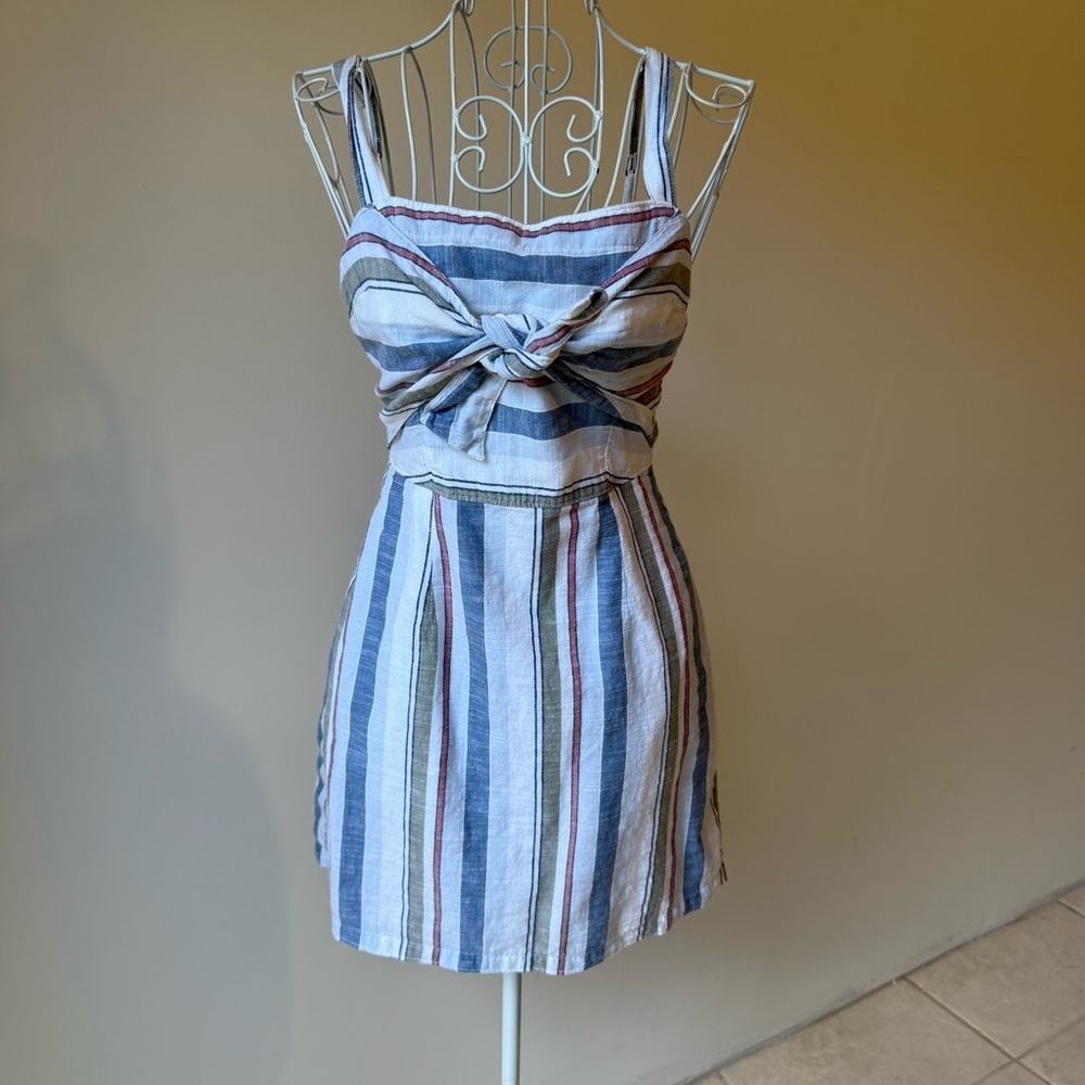 Abercrombie & Fitch Striped Linen Mini Dress SZ XS Tie Front Coastal Aesthetic